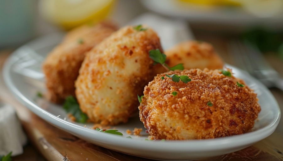 Croquetas doradas servidas en un plato, decoradas con perejil fresco